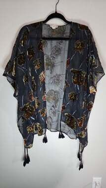 Japna Black Velvet Burnout Floral Sheer Kimono Cardigan with Tassels